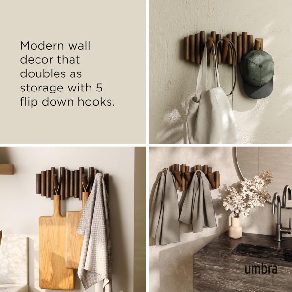 competitive pricing umbra picket wall-mounted coat rack rail hook with 5 retractable wood pegs – modern, space-saving storage organizer, walnut one-stop wholesale