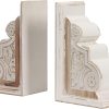 supplier direct 1 pair rustic distressed finish wood bookends, white bookends decorative unique, carved pattern farmhouse book ends for shelves, bookends for heavy books, wooden corbels for home room decor wholesale prices
