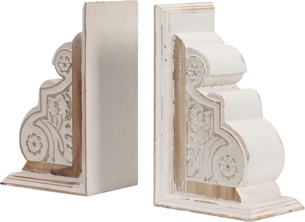 supplier direct 1 pair rustic distressed finish wood bookends, white bookends decorative unique, carved pattern farmhouse book ends for shelves, bookends for heavy books, wooden corbels for home room decor wholesale prices