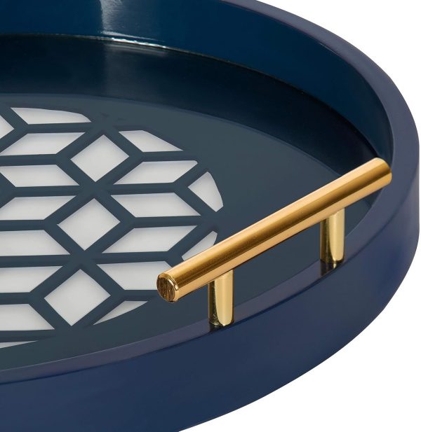 wholesale direct kate and laurel caspen round cut out pattern decorative tray with gold metal handles, 15.5", navy and gold bulk purchase at factory prices
