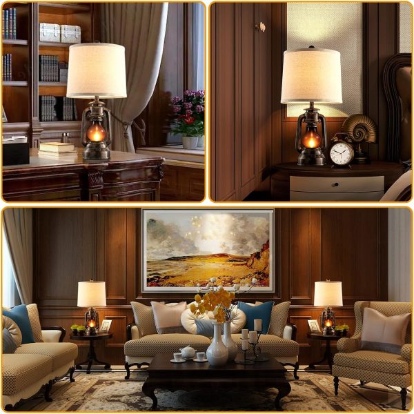 custom wholesale roriano farmhouse lantern table lamps for living room set of 2, vintage bedroom resin lamp with dual usb charging ports, rustic retro bedside nightstand desk lamp, linen fabric shade, 4 bulb included oem/odm services