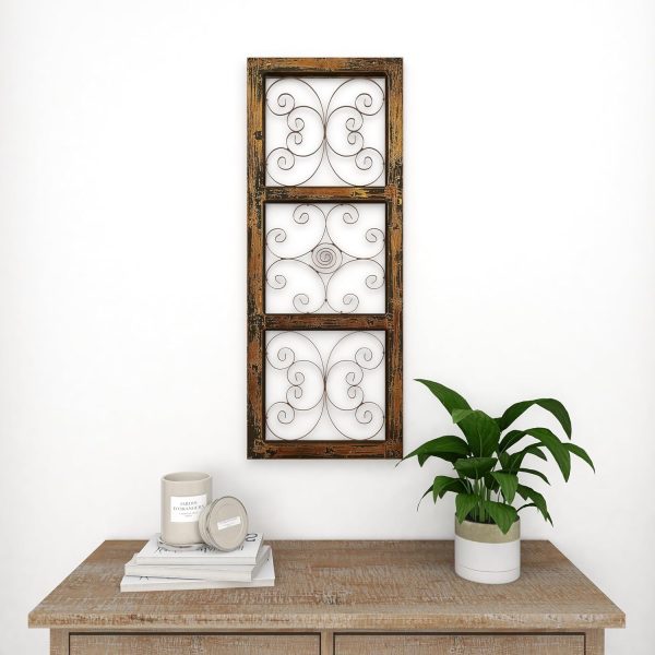 bulk purchase deco 79 wood scroll home wall decor window inspired wall sculpture with metal scrollwork relief, wall art 14" x 1" x 36", brown trade price