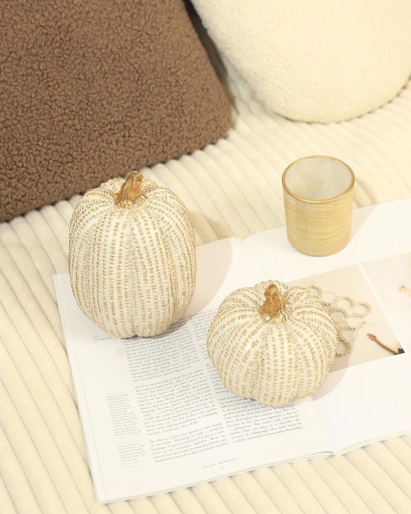 dropship from factory fall thanksgiving pumpkin decor figurine clearance, 2 pcs fake pumpkin statues for helloweentabletop decorating, white and gold resin pumpkins for autumn harvest home decor, farmhouse, gift package mass production supply