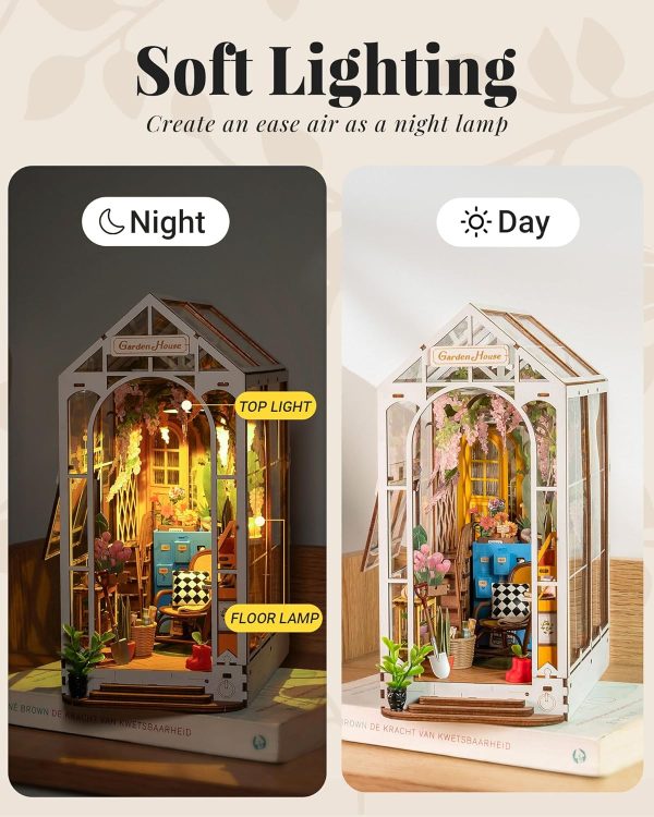 supplier direct rolife book nook kit wooden bookcase 9.5" garden house miniature kit with led decorative bookends, 3d puzzles for adults craft hobby for girls boys adults wholesale prices