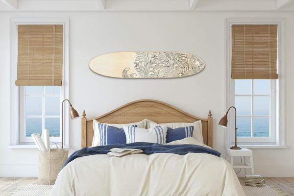 bulk purchase creative co-op coastal decorative surfboard wall décor for living room; contemporary wave design overlaid on light natural wood, 65.5" trade price