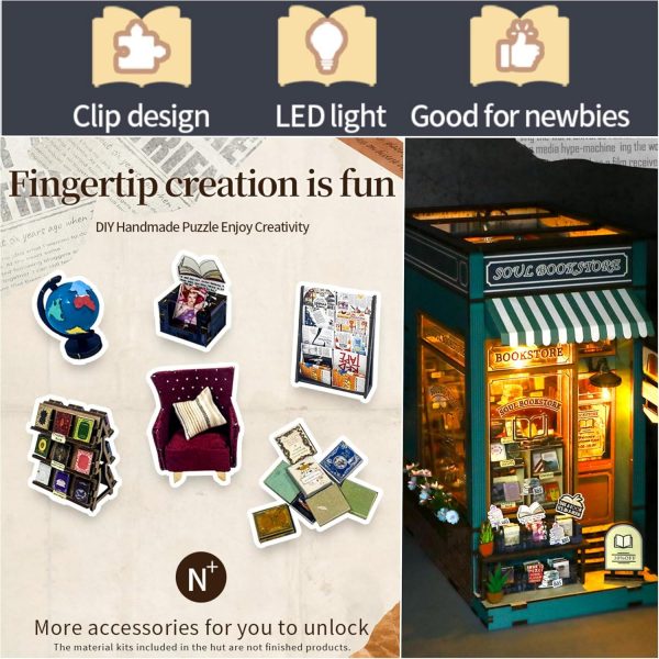supplier direct meinesqis book nook diy miniatures book nook kit store 3d creative decorative bookend bookshelf insert wooden puzzle with led suitable for teenagers adults halloween christmas decoration gifts, blue wholesale prices
