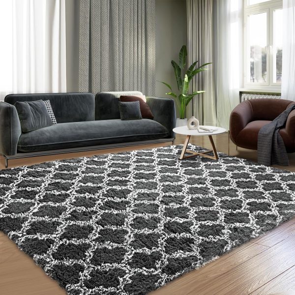 global sourcing plush area rug 4x6 feet high pile rugs for living room, ultra soft indoor carpet for bedroom, playroom, playroom, home decor, geometric, dark grey/white oem/odm services
