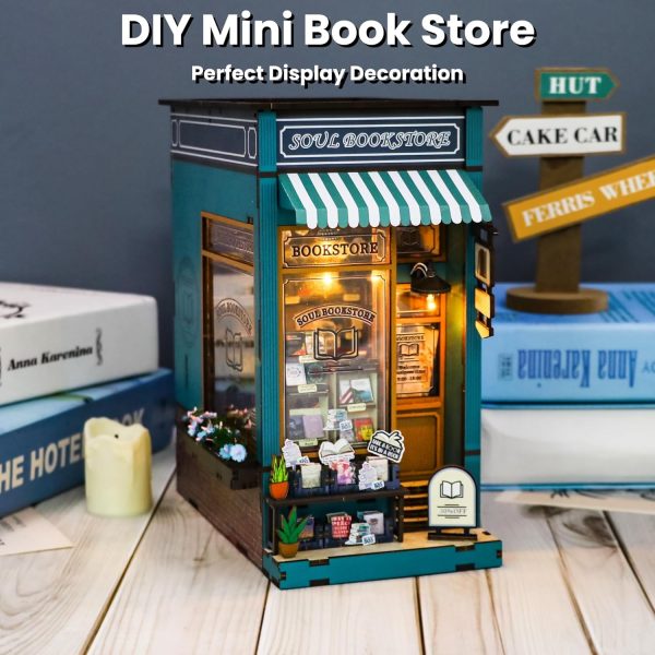 supplier direct meinesqis book nook diy miniatures book nook kit store 3d creative decorative bookend bookshelf insert wooden puzzle with led suitable for teenagers adults halloween christmas decoration gifts, blue wholesale prices