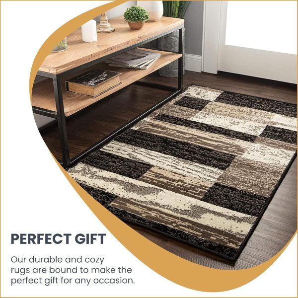 manufacturer direct superior indoor area rug, jute backed, modern geometric patchwork floor decor for bedroom, office, living room, entryway, hardwood floors, rockwood collection, 3' x 5', chocolate trade price