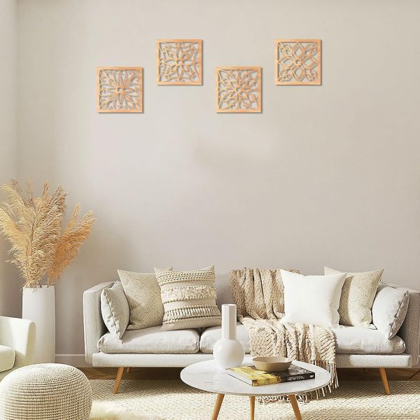 bulk purchase koyiltd 4 pieces thicken rustic wall decor,flower carved wall art,wooden hollow carved design (square, 8.2in) trade price