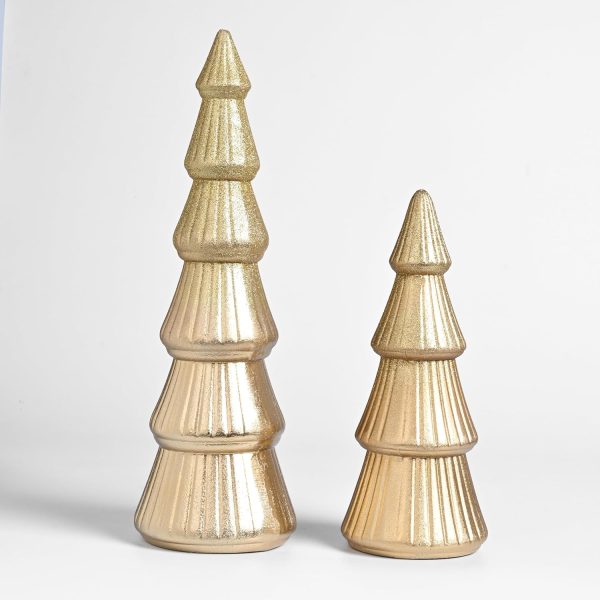 dropship from factory wooden christmas tree figurine, 2pcs gold tree figurines, decorative trees for tabletop, small glittered golden xmas tree figurines for christmas mantle indoor decor mass production supply