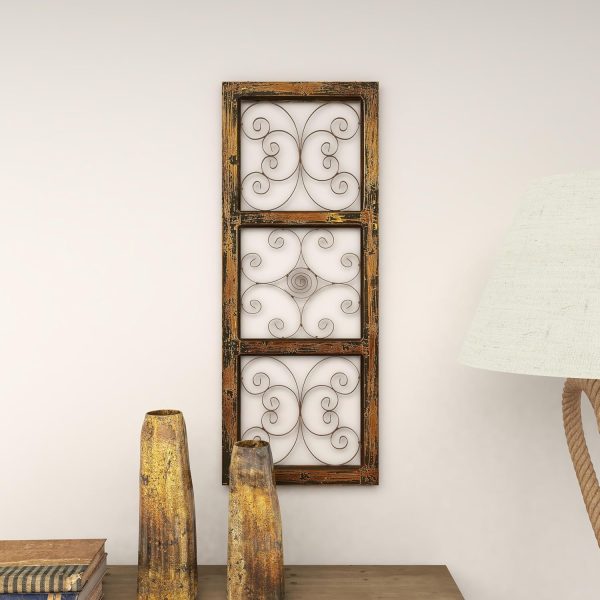 bulk purchase deco 79 wood scroll home wall decor window inspired wall sculpture with metal scrollwork relief, wall art 14" x 1" x 36", brown trade price