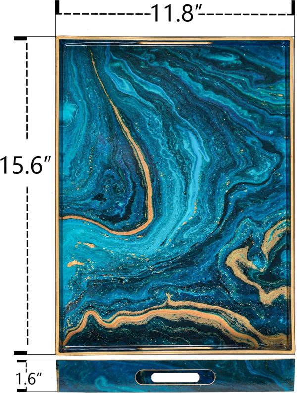 wholesale direct maoname plastic decorative tray, marbling tray with handles, rectangular coffee table tray, serving tray for ottoman, bathroom, 15.7” x 11.8”, blue bulk purchase at factory prices