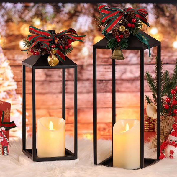 custom wholesale lanterns decorative outdoor indoor, 17" 13" set of 2 black vintage lantern with flameless candle, modern farmhouse lantern decor for room, christmas lanterns decorative for porch, garden oem/odm services