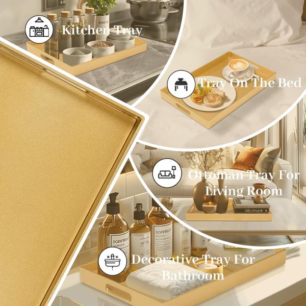 wholesale direct maoname gold decorative tray for coffee table, modern serving tray with handles, plastic ottoman tray, bathroom decor, 15.8" l x 10.2" w x 1.4" h bulk purchase at factory prices