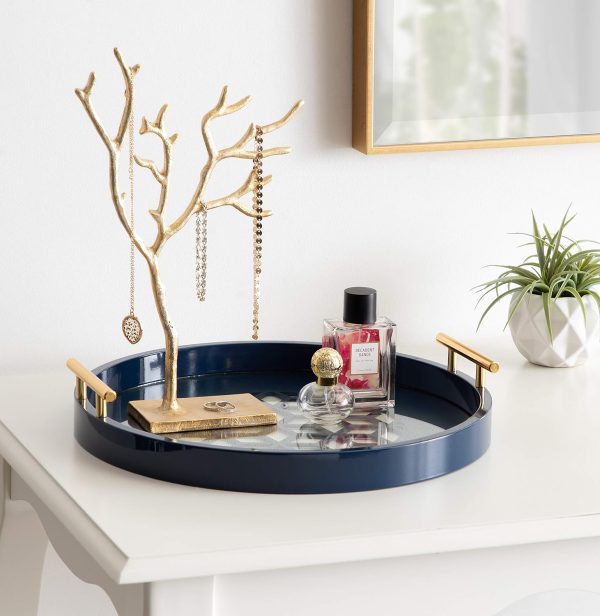 wholesale direct kate and laurel caspen round cut out pattern decorative tray with gold metal handles, 15.5", navy and gold bulk purchase at factory prices