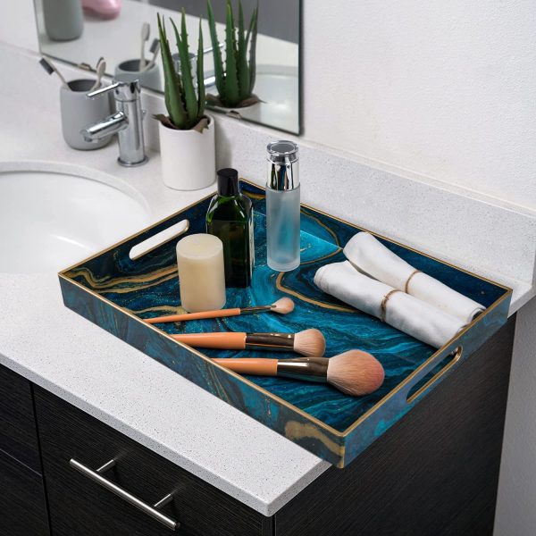 wholesale direct maoname plastic decorative tray, marbling tray with handles, rectangular coffee table tray, serving tray for ottoman, bathroom, 15.7” x 11.8”, blue bulk purchase at factory prices