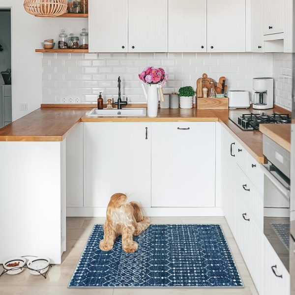 global sourcing lahome moroccan indoor rugs for entryway - 2x3 area rug non-slip backing washable inside door mats low-profile throw soft rugs for bathroom, geometric print distressed blue rug for kitchen bedside oem/odm services