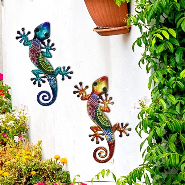factory direct hongland metal gecko wall art 2 pack 15 inch lizard outdoor decor hanging glass sculpture decoration for garden fence home volume discount