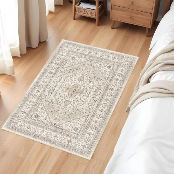global sourcing washable entryway 2x3 rug: small boho rugs for indoor entrance non slip backing stain resistant carpet low pile throw rugs for bedroom bedside inside front door floor kitchen decor(beige,2x3ft) oem/odm services