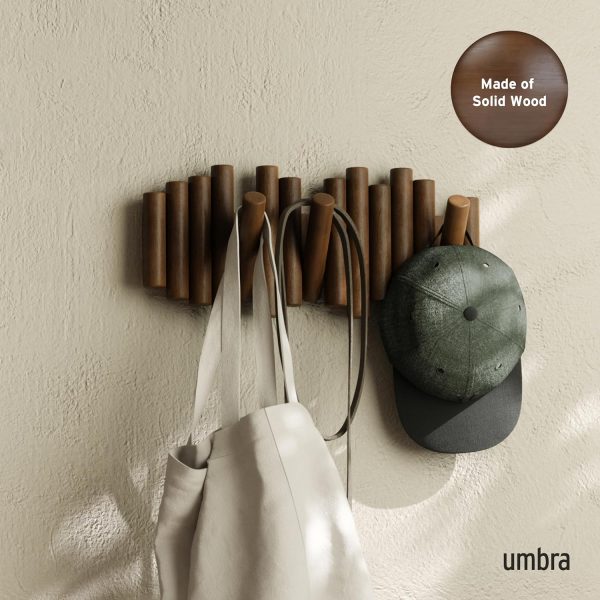 competitive pricing umbra picket wall-mounted coat rack rail hook with 5 retractable wood pegs – modern, space-saving storage organizer, walnut one-stop wholesale