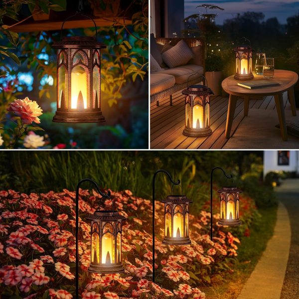 custom wholesale solar lanterns outdoor waterproof, 2 pack flickering flameless outdoor solar candle lantern, solar powered & battery powered hanging lanterns decorative outdoor for porch garden christmas decorations oem/odm services