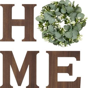 bulk purchase mkono farmhouse wall home sign with artificial eucalyptus for o rustic wooden hanging letters decorative wall art decor for living room kitchen entryway housewarming gift, brown trade price