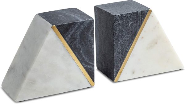 supplier direct cork & mill marble book ends for shelves, decorative bookends for heavy books, unique mid century modern gray and white bookends with brass inlay, heavy duty bookshelf stopper, set of 2 wholesale prices