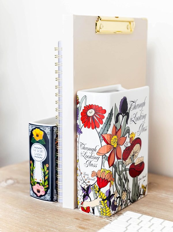 oem/odm services steel mill & co original book-shaped decorative vase, ceramic vases for home decor, cute bookshelf decor, unique vase for book lovers (large - through the looking glass) affordable bulk deals