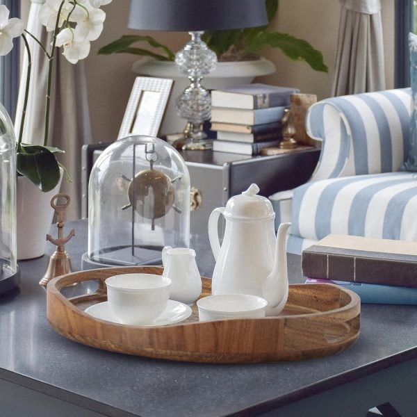 wholesale direct acacia wood serving tray with handles - 17"x13" round, decorative ottoman tray for living room, coffee table, breakfast in bed, candle display bulk purchase at factory prices