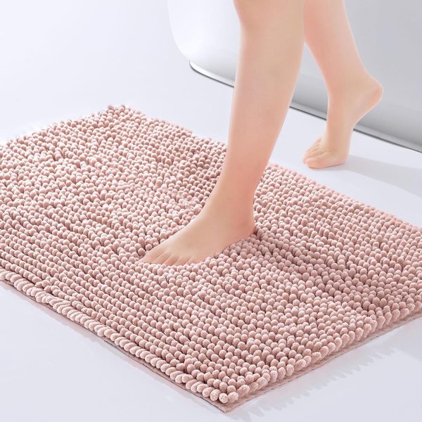 global sourcing freshmint chenille bathroom rugs mat 24"x17", non-slip bath mat for bathroom floor & bathtub, washable soft shower shag bath rugs, fluffy thick water absorbent microfiber shower mat, dusty pink oem/odm services
