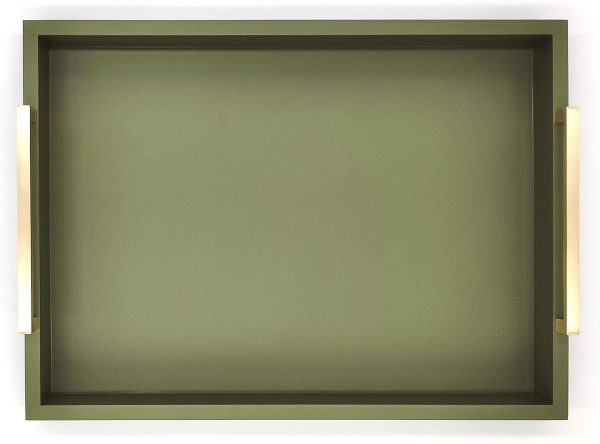 wholesale direct decorative coffee table tray - ottoman tray - breakfast, drinks, liquor serving platter - from farmhouse to modern - matte finish - champagne gold handles - loden green bulk purchase at factory prices