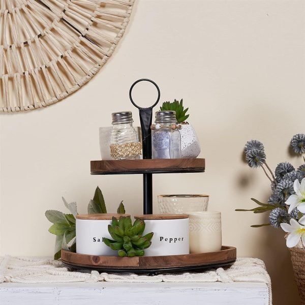 wholesale direct genmous & co. farmhouse tiered tray decor with distressed wood bead garland, decorative 2 tiered serving tray with metal handle for rustic home décor bulk purchase at factory prices