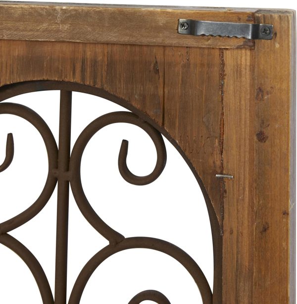 bulk purchase deco 79 wood scroll home wall decor window inspired wall sculpture with metal scrollwork relief, wall art 11" x 2" x 23", brown trade price
