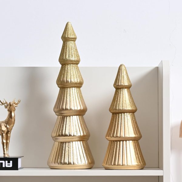 dropship from factory wooden christmas tree figurine, 2pcs gold tree figurines, decorative trees for tabletop, small glittered golden xmas tree figurines for christmas mantle indoor decor mass production supply