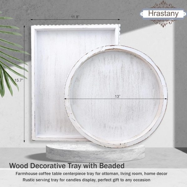wholesale direct wood decorative coffee table serving tray, farmhouse rectangular tray with wooden bead for ottoman, entertaining, home decor, 15.7”*11.8”*1.57” (whitewashed) bulk purchase at factory prices