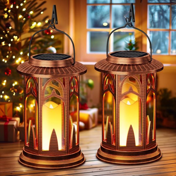 custom wholesale solar lanterns outdoor waterproof, 2 pack flickering flameless outdoor solar candle lantern, solar powered & battery powered hanging lanterns decorative outdoor for porch garden christmas decorations oem/odm services