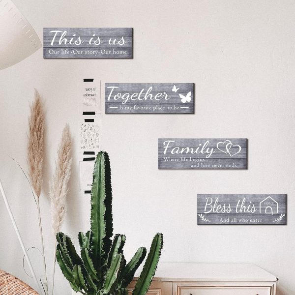 bulk purchase joyhawk 4 pieces wall decor signs, this is us, together, bless this home, family rustic wooden farmhouse wall art décor for living room bedroom kitchen, , 4.7 x 13.8 inch(grey) trade price