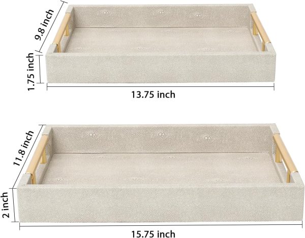 wholesale direct set of 2 shagreen serving tray with gold polished metal handles ivory wood decorative tray pu leather with brushed gold for coffee table ottoman console table bulk purchase at factory prices
