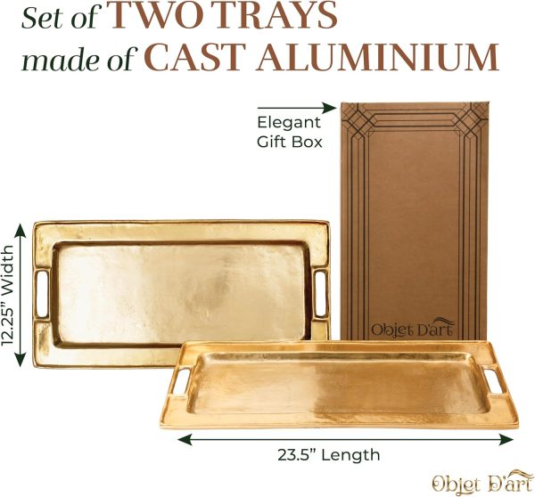 wholesale direct decorative gold trays by objet d’art, beaufort rectangular bar tray for living room, ottoman and coffee table, set of 2 trays for candles, liquor, and centerpieces bulk purchase at factory prices