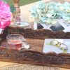 wholesale direct hand carved wooden serving tray - decorative breakfast tray with handles - rustic wooden food tray with intricate detail - unique furnishing accent - natural finish - 17 x 13 x 2.5 inch - cotton craft bulk purchase at factory prices