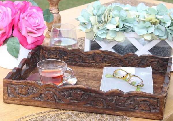 wholesale direct hand carved wooden serving tray - decorative breakfast tray with handles - rustic wooden food tray with intricate detail - unique furnishing accent - natural finish - 17 x 13 x 2.5 inch - cotton craft bulk purchase at factory prices