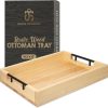 wholesale direct wooden serving tray by tasteful surroundings – ottoman tray - natural wood color with black metal handles - modern decorative trays with metal handles – coffee table tray for living room & bedroom bulk purchase at factory prices