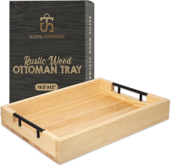 wholesale direct wooden serving tray by tasteful surroundings – ottoman tray - natural wood color with black metal handles - modern decorative trays with metal handles – coffee table tray for living room & bedroom bulk purchase at factory prices