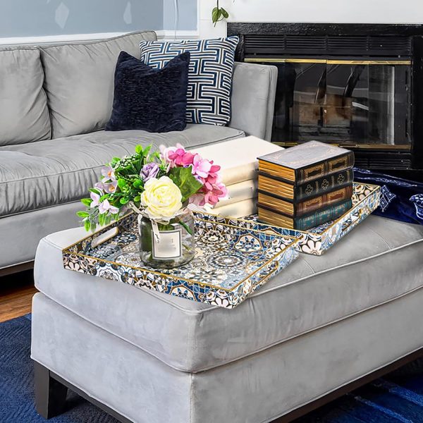 wholesale direct hiceeden set of 2 decorative serving trays with handles, boho tea trays ottoman trays for serving, modern plastic coffee table tray for living room, kitchen, bathroom, rectangle, blue bulk purchase at factory prices