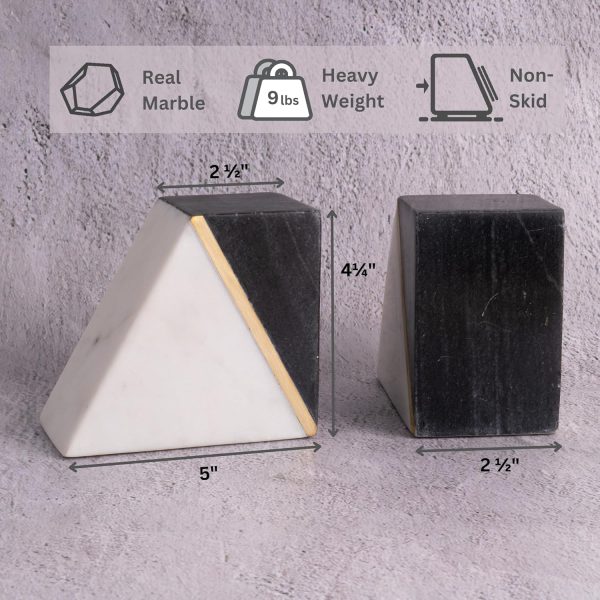 supplier direct cork & mill marble book ends for shelves, decorative bookends for heavy books, unique mid century modern gray and white bookends with brass inlay, heavy duty bookshelf stopper, set of 2 wholesale prices