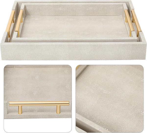 wholesale direct set of 2 shagreen serving tray with gold polished metal handles ivory wood decorative tray pu leather with brushed gold for coffee table ottoman console table bulk purchase at factory prices