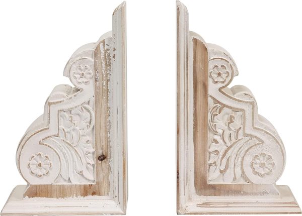supplier direct 1 pair rustic distressed finish wood bookends, white bookends decorative unique, carved pattern farmhouse book ends for shelves, bookends for heavy books, wooden corbels for home room decor wholesale prices