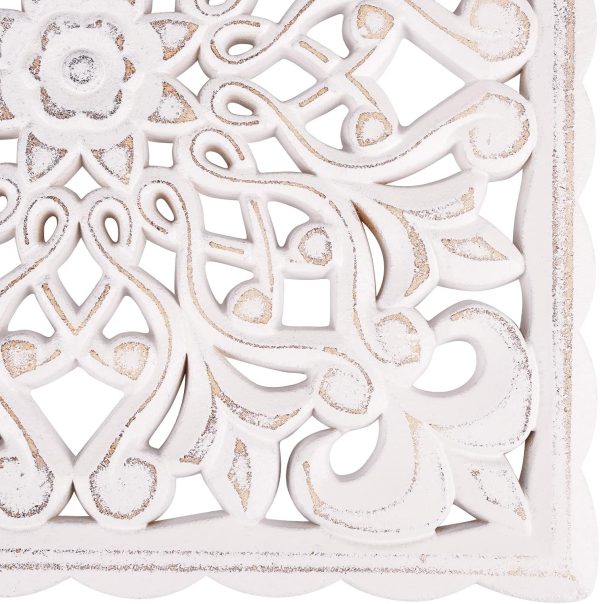 bulk purchase wall décor art, carved wooden wall panel hanging decor, decorative carved floral-patterned distressed white mdf wall panel for iving room bedroom, 12" x 12" trade price