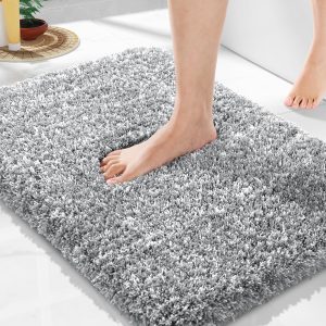 global sourcing yimobra bathroom rugs non slip washable 24x17, ultra soft and water absorbent bath mats, plush fluffy shower mat outside, microfiber thick matts for bathroom floor/sink, light gray and white oem/odm services